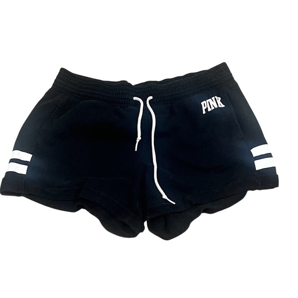 Victoria's Secret PINK Sweat Shorts Womens M Black Fleece Stripe Logo